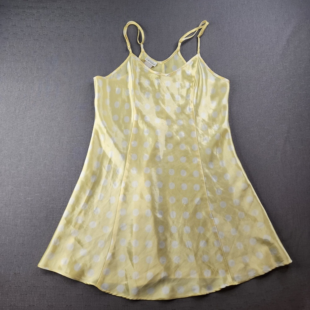 Cacique Lingerie Yellow White Polka Dot Satin Chemise Nightgown Small